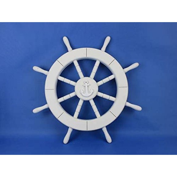 Nagina International White Washed Wooden Ship Wheels 18" with Anchor