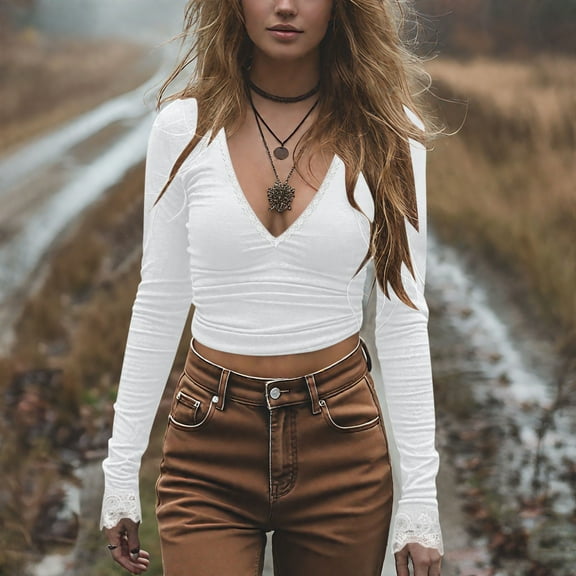 FDGIU 2025 Trendy Women's Lace Top - Long Sleeve Cut Out Blouse, Oversized Crew Neck Fall Winter Shirt, Business Casual & Going Out Outfit