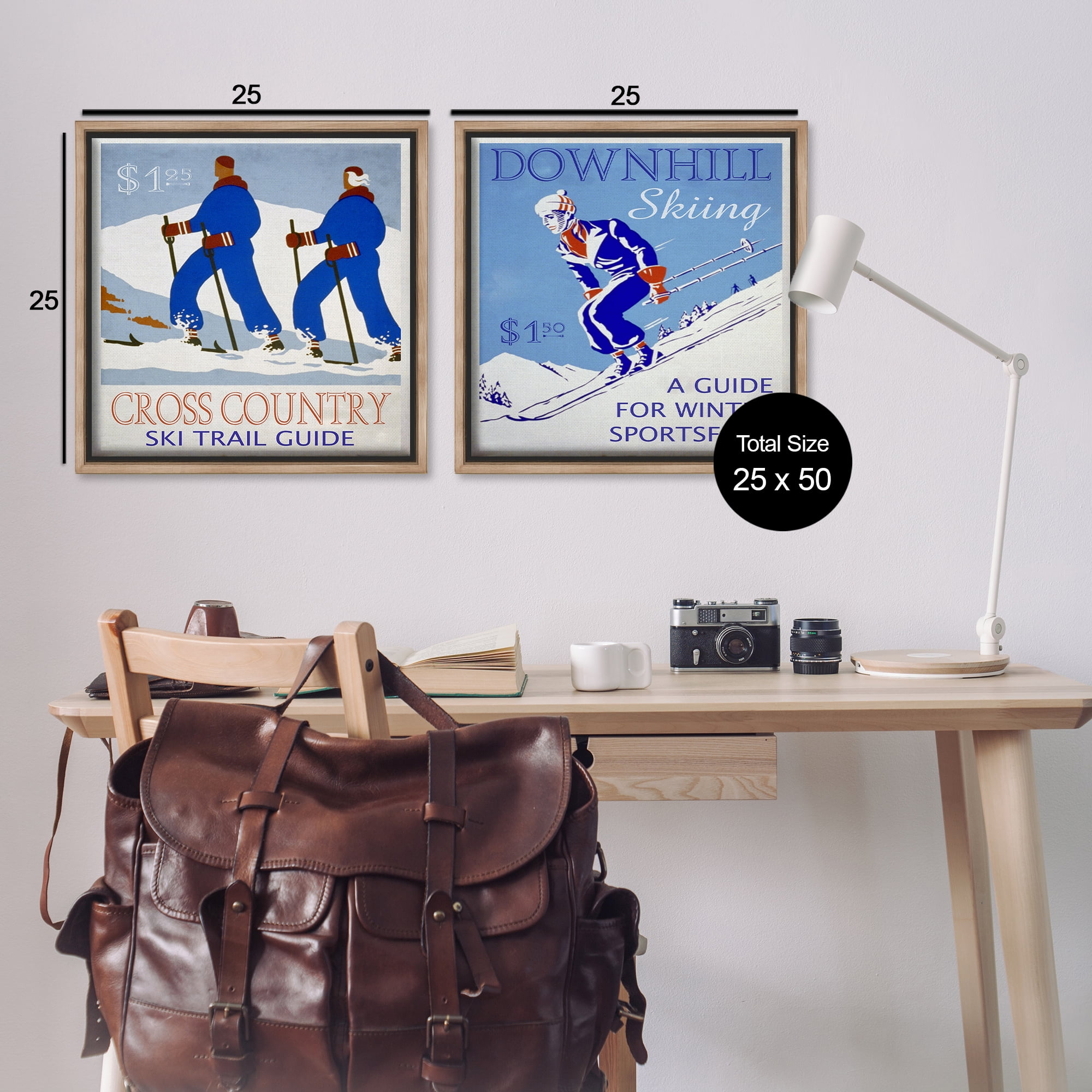 Stupell Industries Cross Country Skiing Posters Sports Painting Brown Floater Framed Canvas Art Print Wall Art, 25 x 25, Set of 2