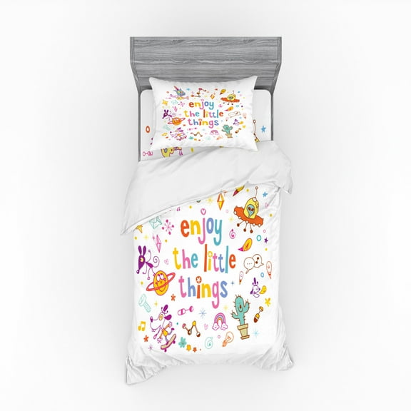 Enjoy the Little Things Duvet Cover Set, Nursery Theme Whacky Cartoon Characters with Spirit Boosting Phrase, Bedding Set with Shams and Fitted Sheet, 3 Sizes, by Ambesonne
