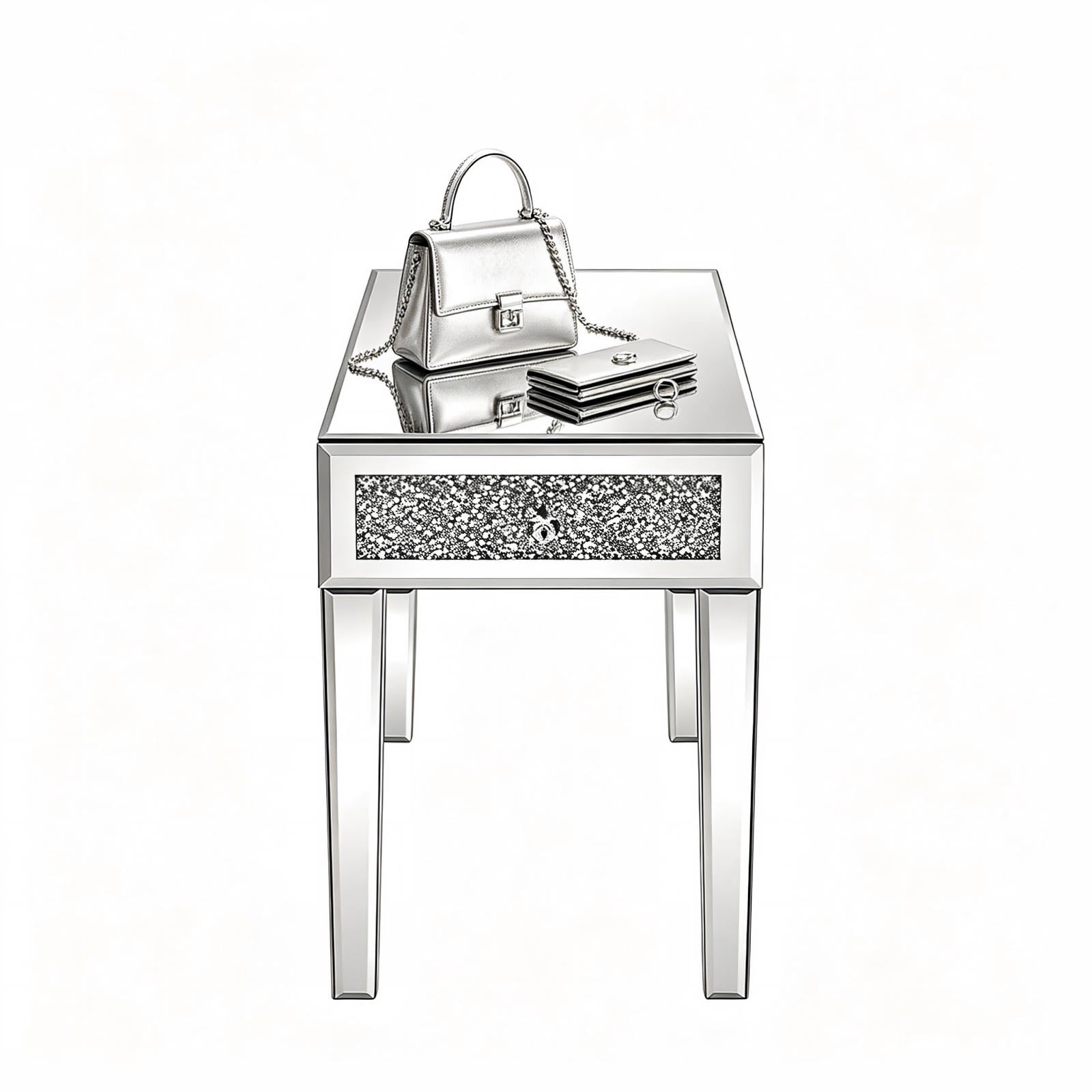 1-Drawer Bedside Table with Rhinestone Trim, Mirrored MDF Nightstand, Silver, 13.8 x 22 x 23.6 in