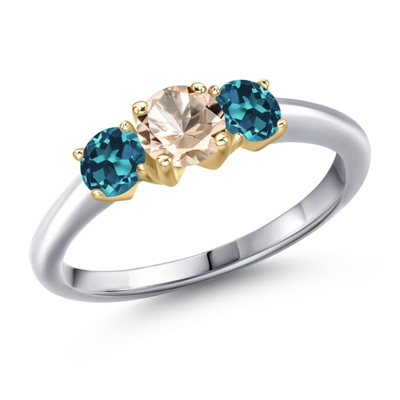Gem Stone King 10K Two Tone Gold Peach Morganite and London Blue Topaz Engagement Ring for Women | 1.06 Cttw | Round 5MM | Gemstone October Birthstone | Size 9