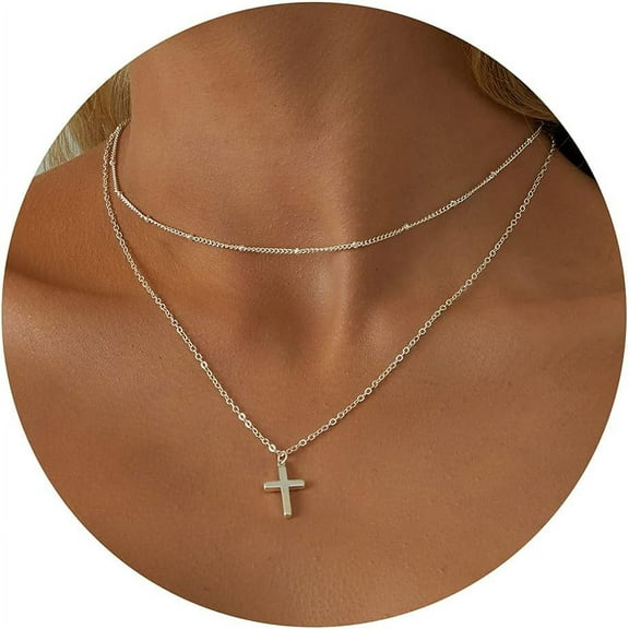 Double Silver Layered Necklaces Set for Women, Dainty Simple Cross Pendant Choker Necklaces Cute Trendy Jewelry Gifts for Women