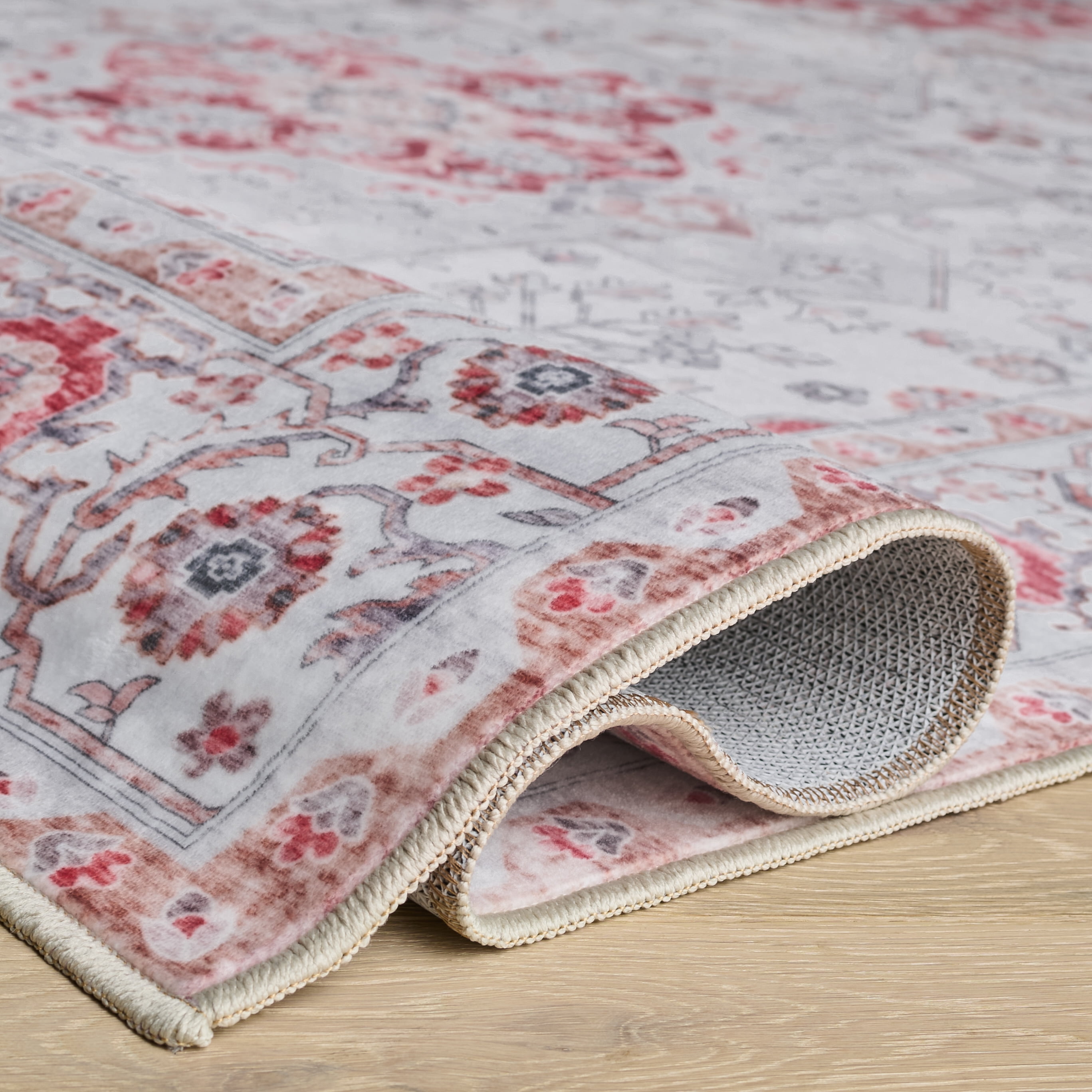 SAFAVIEH Arizona Seine Oriental Machine Washable Area Rug, Light Gray/Rust, 5' x 7'