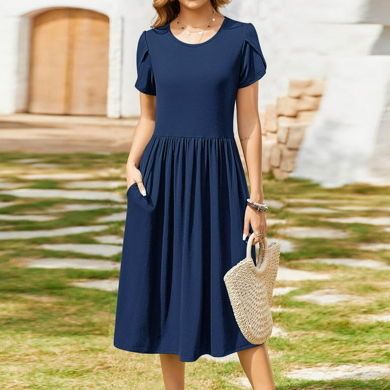 Dress for Women Casual Petal Sleeve Crewneck Maxi Dress with Pockets Summer  Loose Flowy A-Linen Swing Dresses - Walmart.com