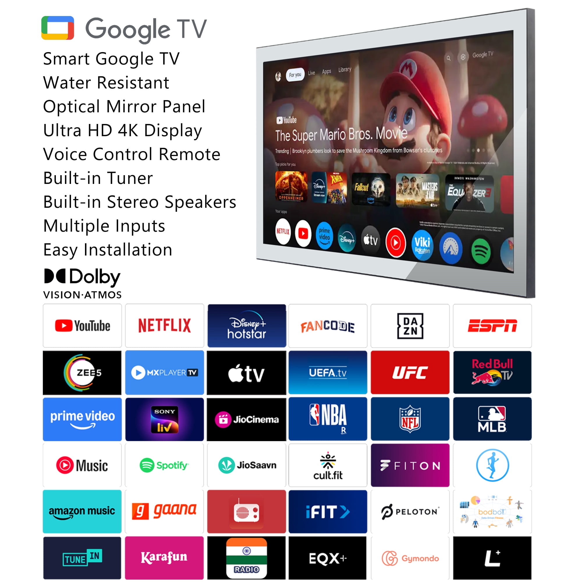 Elecsung 32 inches Smart Mirror Bathroom TV 4K Screen Waterproof LED Television Spa Goo-gle System Atsc Dtv