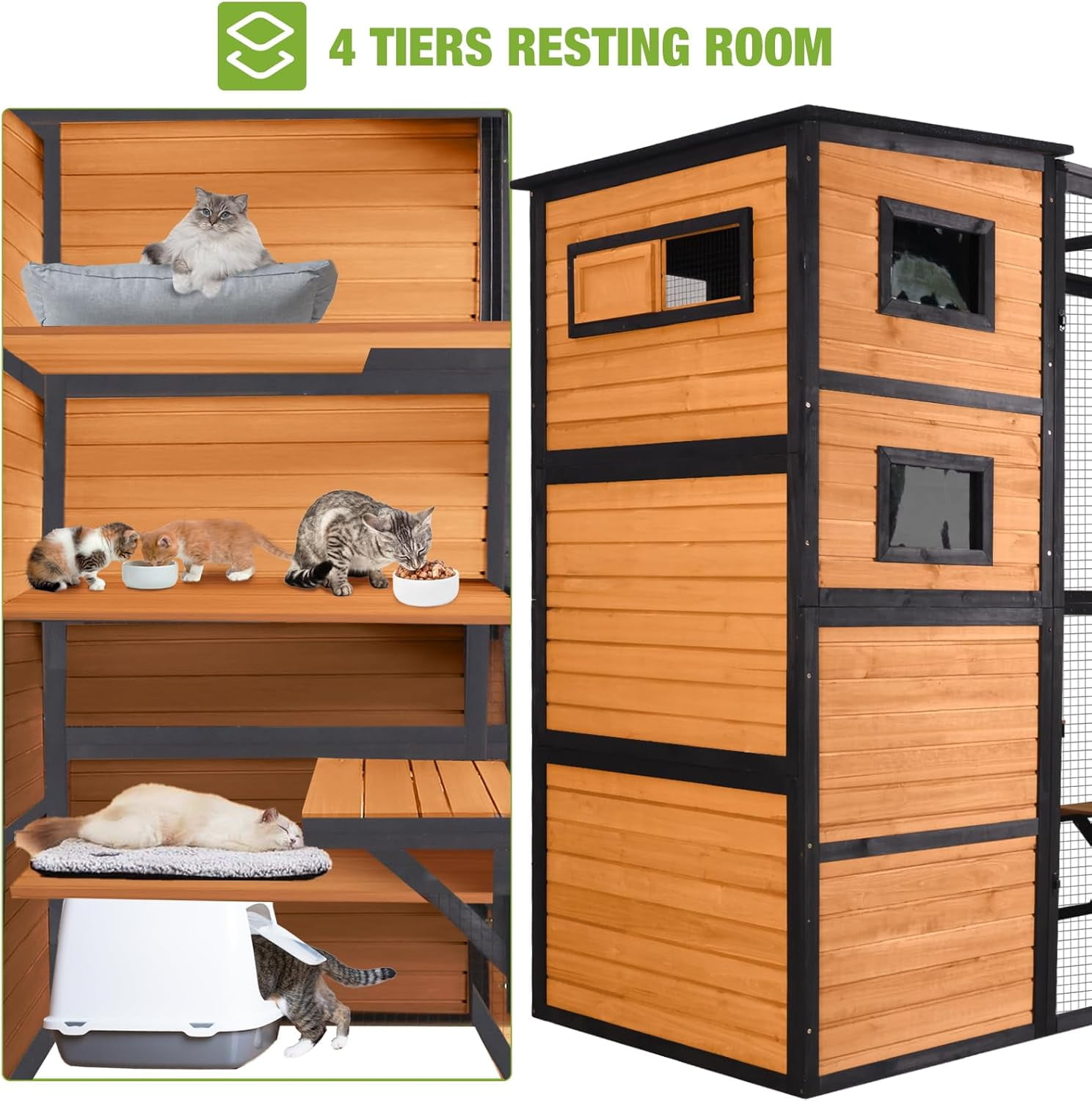 Catio Outdoor Cat Enclosure Large Cat Enclosure 4 Tiers Outdoor Cat House Connectable with Window,Brown,77" L