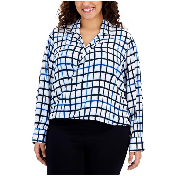 Calvin Klein Womens Printed Wear to Work Peasant Blouse, white, Plus Size, 0X