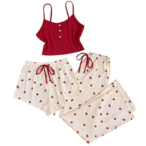 Lounge Sets Pants for Women 3 Pieces Pajamas Heart Print Shorts Pants Pj Sleepwear Womens Pajama Sets Soft Sleepwear