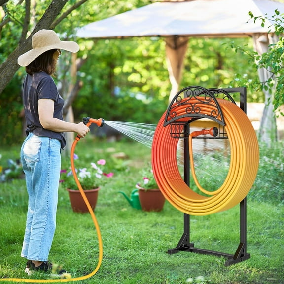 Freestanding Garden Hose Holder with Storage Basket, Heavy-Duty Metal Hose Stand for 150FT Hose
