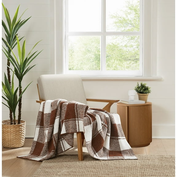 Brooklyn Loom Dusted Plaid 100% Microfiber Polyester  50x70 Throw Blanket in Brown, All Season, Adult Size, OEKO-TEX Certified