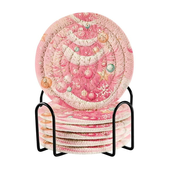 Pink Christmas Tree Coasters with Holder for Coffee Table 6 Pcs Drink Coaster Sets Absorbent for Home Decor 4 inch