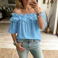 thumbnail image 4 of Uootdi Beach Tops for Women Off The Shoulder Ruffle Trim 3/4 Flare Sleeve Plain Soft Woven Loose Fit Coastal Holiday Cute Summer Tops for Women, 4 of 5