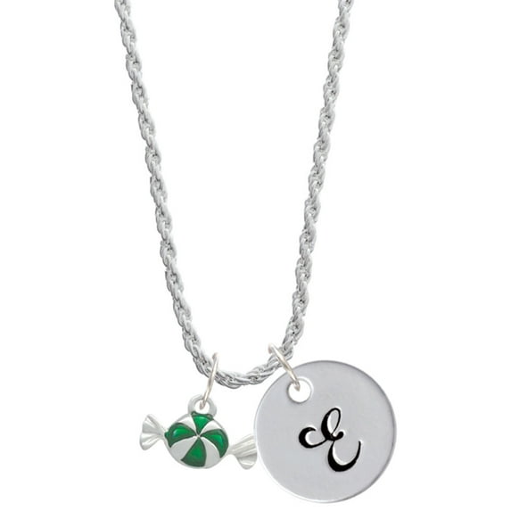 Delight Jewelry Silvertone Green Peppermint Candy Silvertone Script Initial Disc - E - Charm Necklace, 20"+3"
