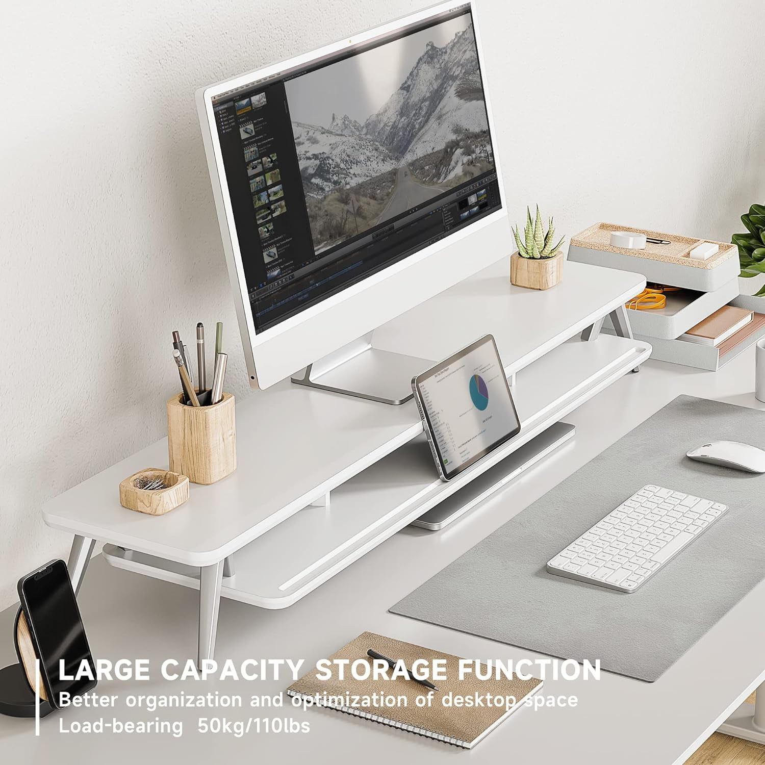 Dual Monitor Stand, Monitor Stands Riser for 2 monitors, 42.5 Inch Wood Desk Shelf with Storage Organizer and Cable Management for Office Desk Accessories
