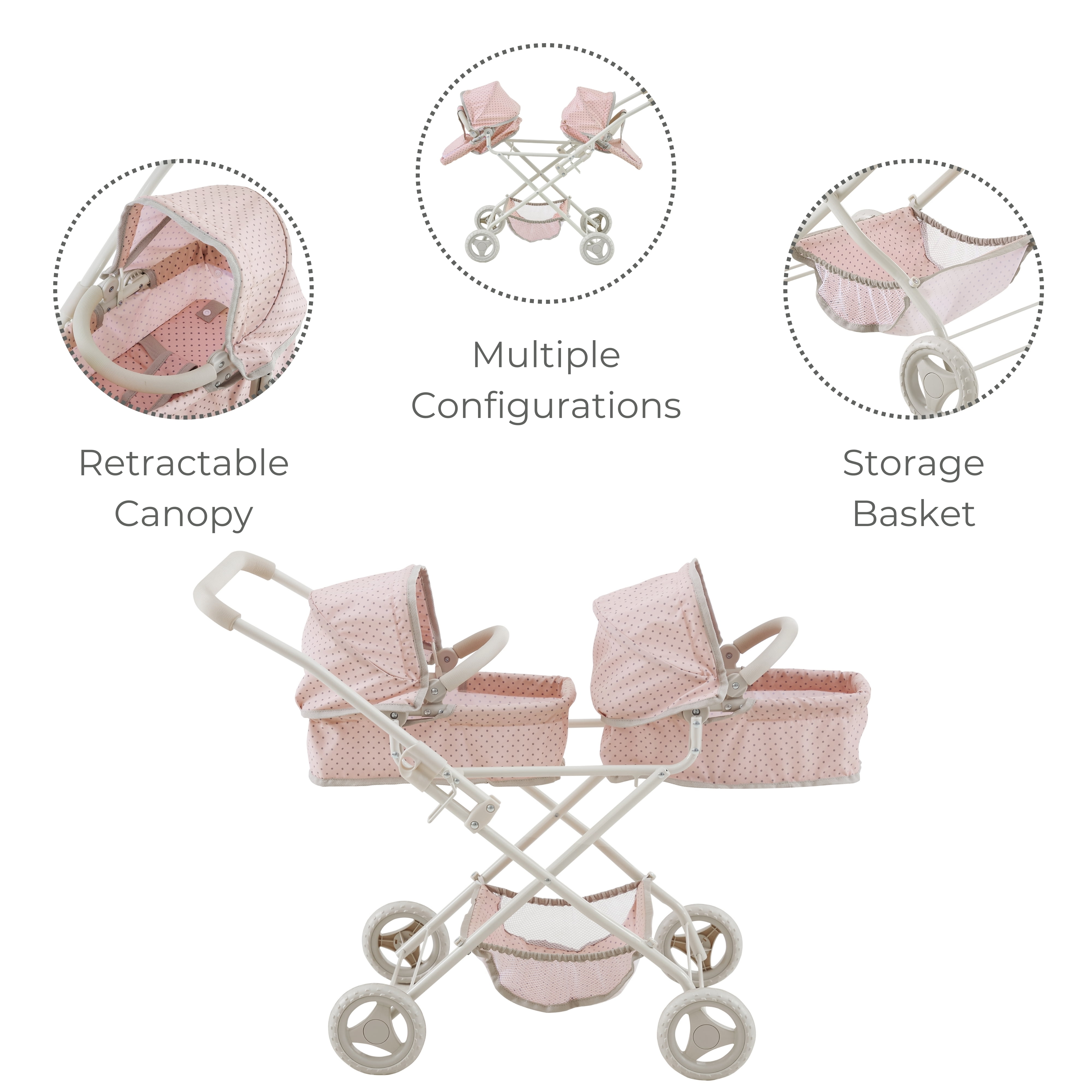 Olivia's Little World Polka Dot Princess Baby Doll Twin Bassinet Stroller with Retractable Canopy & Storage, Pink/Gray