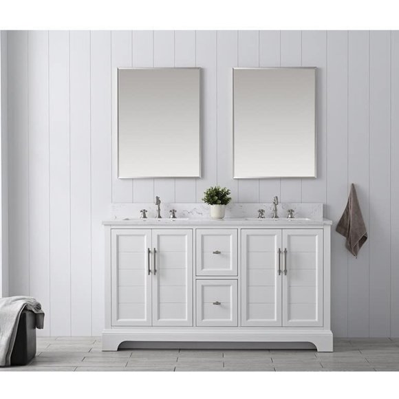 Vanity Art 60 Inch Double Sink Bathroom Vanity with Ceramic Sink and Engineered Marble Top, Without Mirror