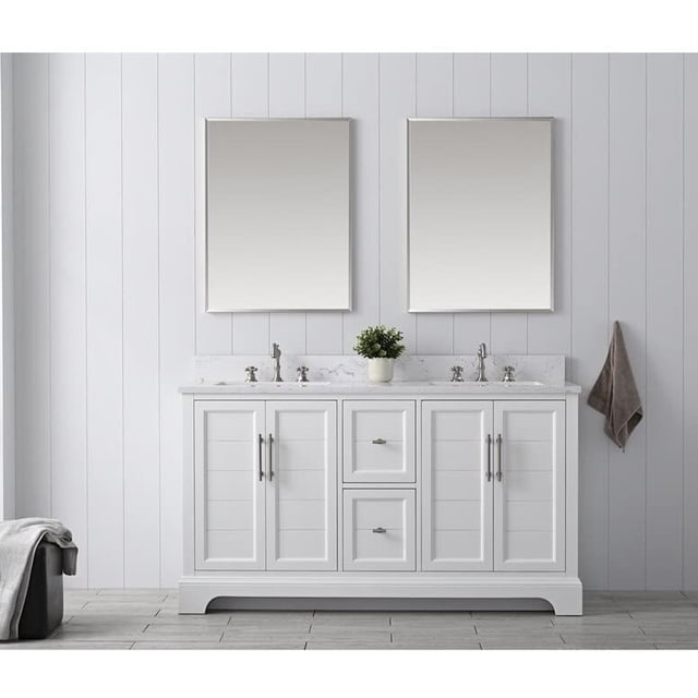 Vanity Art 60 Inch Double Sink Bathroom Vanity with Ceramic Sink and Engineered Marble Top, Without Mirror
