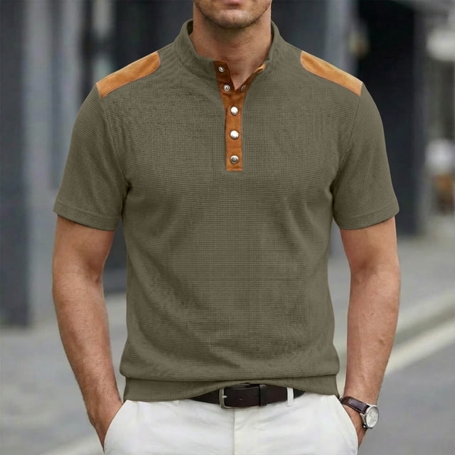 Ceisia Men's Loose Fit Ribbed Polo Shirt Short Sleeve Stand Collar Color Block Casual Daily Summer Tops Army Green S Gifts