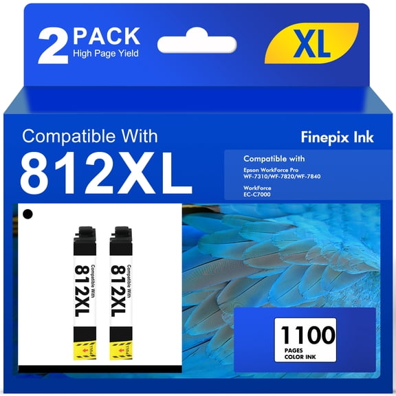 2-Pack 812XL Black Ink compatible for Epson 812 Ink Cartridges for Epson Workforce Pro WF-7820 WF-7840 WF-7310
