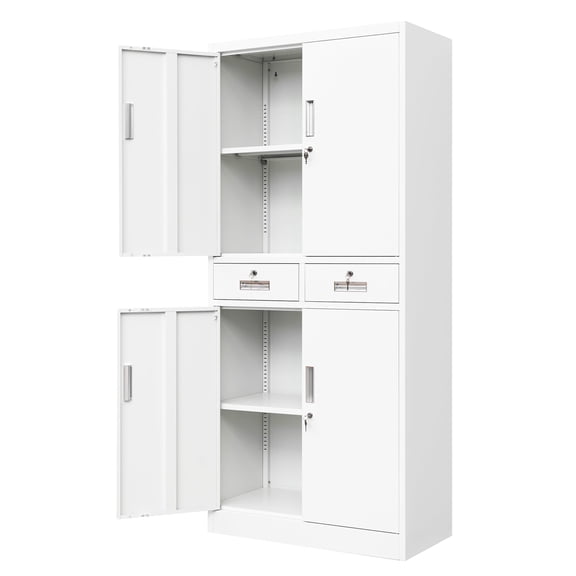 CMY Metal Storage Cabinet, 71" H x 32" W x 16" D Locking Storage Cabinet with Adjustable Shelves and 2 Drawers, Steel Storage Cabinet for Office, Garage, Home, School, Utility Room-White