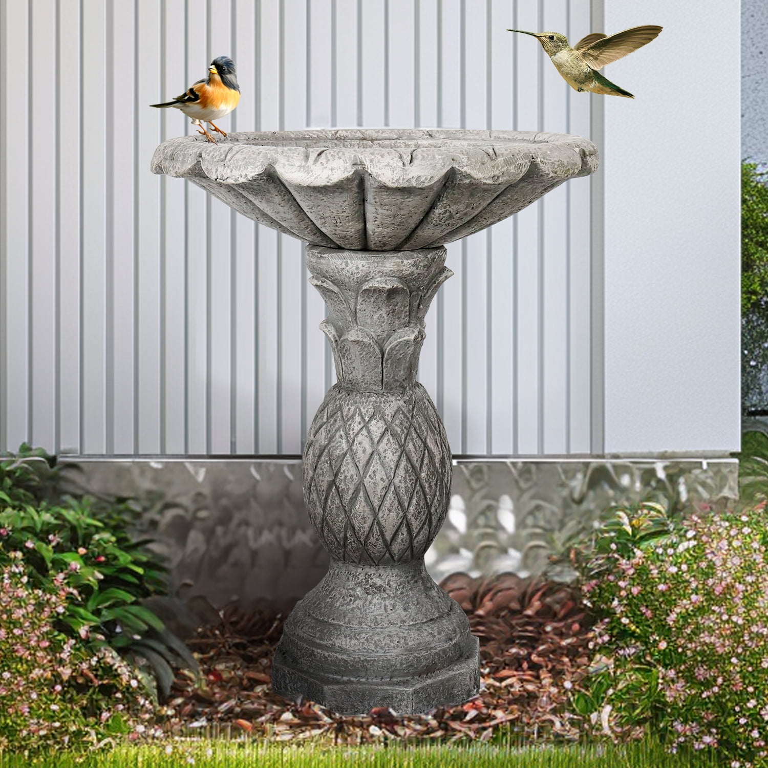 24.8" H Round Concrete Outdoor Bird Bath w/Pineapple Pedestal and Flower Bowl