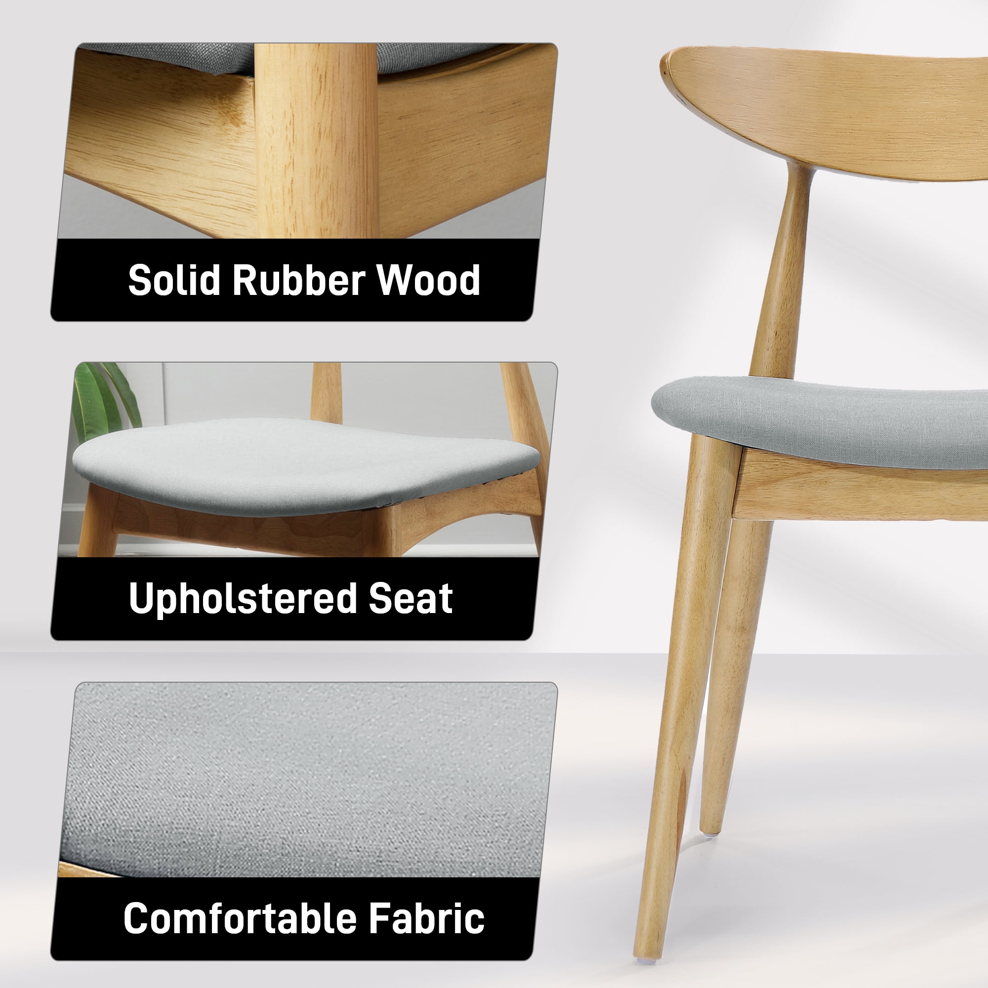 Aukfa Dining Chairs Set of 2, Mid Century Wood Side Chairs with Curved Backrest and Upholstered Seat, Dining Room Chairs for Kitchen, Living Room, Oak