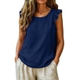 thumbnail image 2 of Dwellite Women Cotton Linen Shirts Summer Casual Comfy Sleeveless Crewneck Tank Tops Loose Lightweight Blouses Navy L, 2 of 8