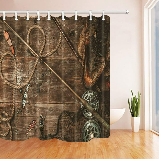 Bpbop Fishing Rod Bait On The Wooden, Wood Shower Curtain Rod