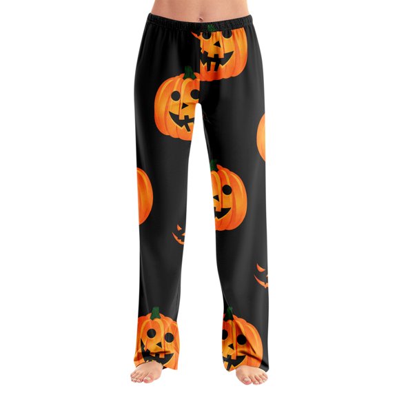 Jack-O-Lantern Womenās Halloween Sleep Bottoms, Loose Straight No Drawstring Soft Polyester Loungewear, Cute Spooky Pajamas Pants, Ideal Seasonal Present for Family Party Gathering