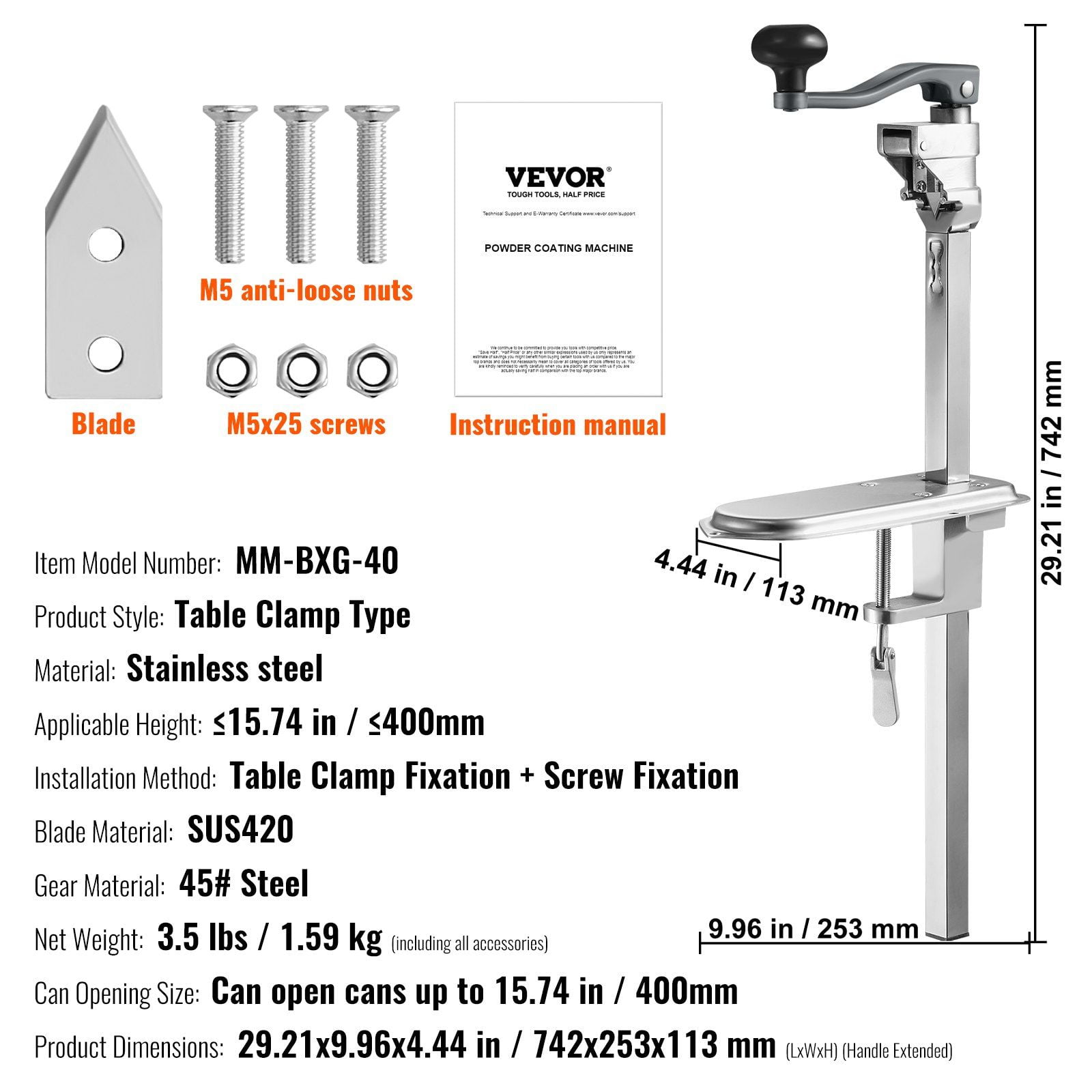 Heavy Duty Commercial Can Opener, Adjustable Table Clamp Opener for Large Cans (Up to 15.7"), Industrial Jar & Can Opener with Stable Base – for Restaurant, Hotel, Home, Bar Use
