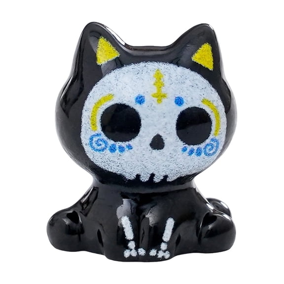 Mini Resin Black Cat Figurine with Day of The Dead Sugar Skull Design, 1-Pack, Glossy Black and White, for Halloween and Gothic Home Decor, Decoration