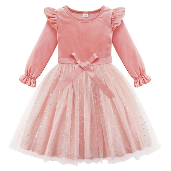 Usaibhir Girl's A Line Short Dress Round Neck Long Sleeve High Waist Mesh Sheer Butterfly Bow Knot Ruffle Trim Party Special Occasion 2-7T