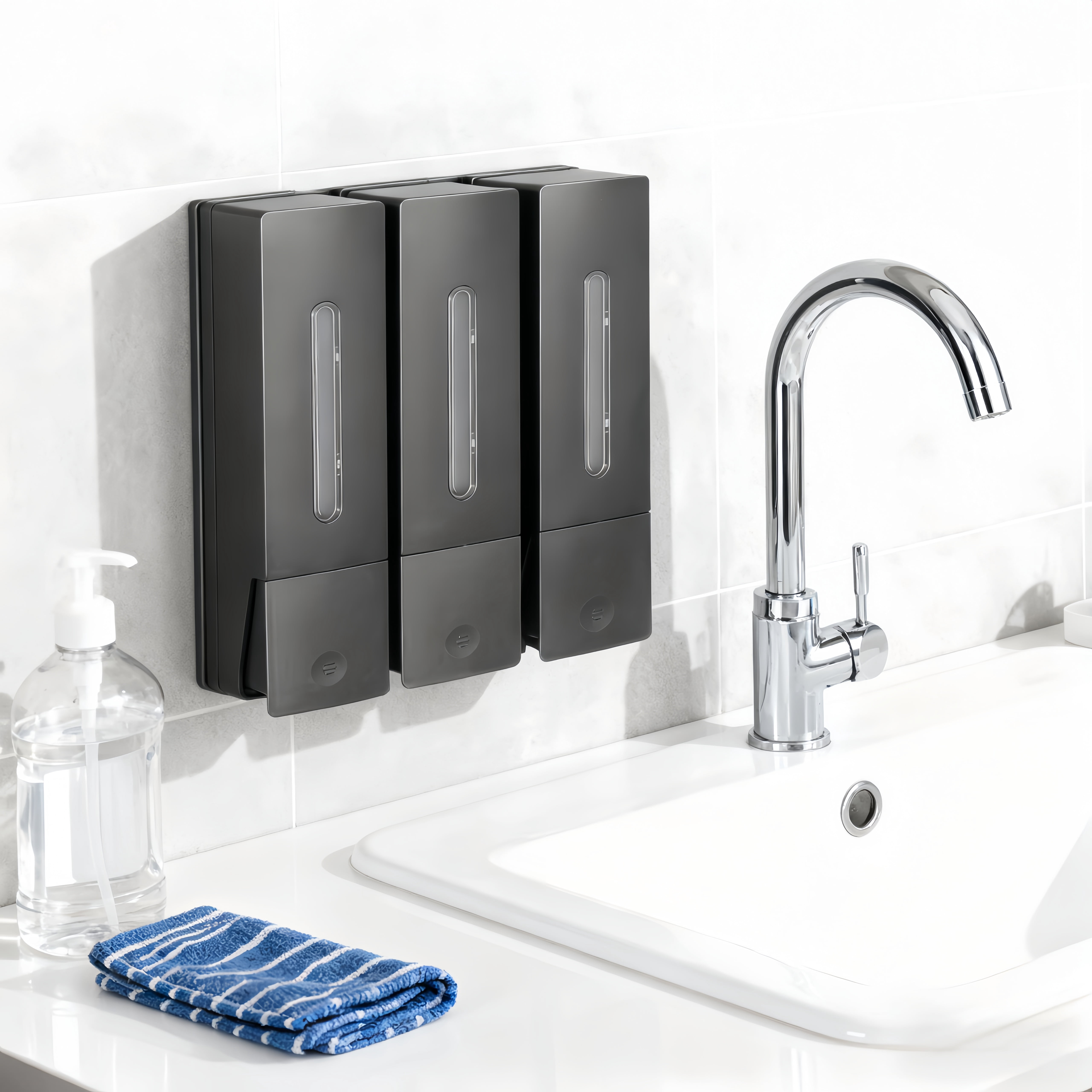 Shampoo and Conditioner Dispenser - Wall-Mounted 3-Chamber Shower Soap Dispenser, No-Drill, 1200ML Capacity, for Bathroom & Hotel