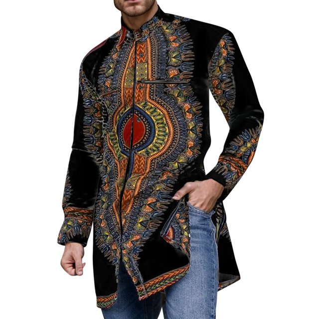 Camisas Vaqueras Para Hombre XXL Camisa de hombre estilo africano manga larga Dashiki estilo étnico botón abajo camisa (Black, XL)