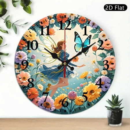 Fantasy Fairy And Butterfly Wall Clock, Whimsical Floral Garden Decorative Round Clock For Living Room, 10x10 Inch, 1pc, Battery Not Included