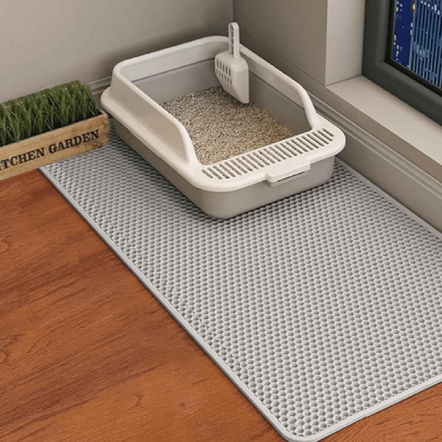 Cat Litter Mat, 45x26 Inch Extra Large&Long Double Layer Cat Litter Box Mat, EVA Non-Slip, Waterproof Urine Proof Litter Trapping Mat, Easy Clean Scatter Control (45x26 Inch, Gray)