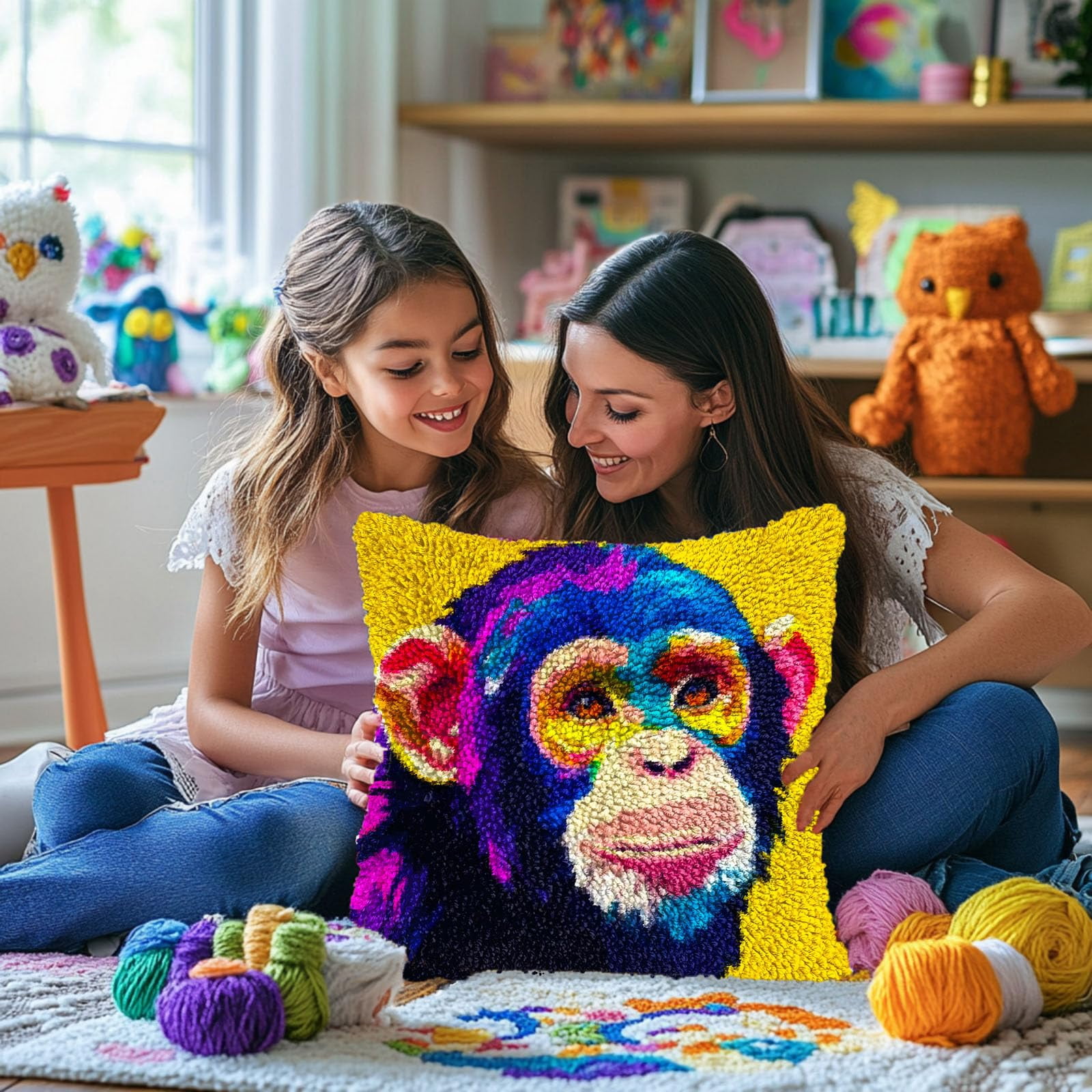 Monkey DIY Latch Hook Pillow Kits for Adults Printed Pillowcase Crochet Yarns Hooking Handmade Pillow Cover Cushion for Home Sofa Decoration 17x17inch