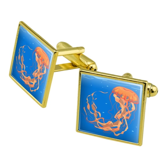 Underwater Orange Medusa Jellyfish Square Cufflink Set - Silver or Gold