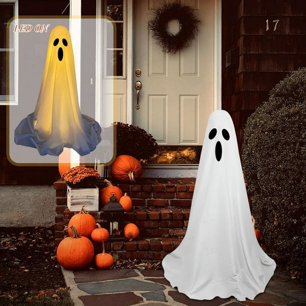 Decoración De Halloween - Fantasmas De Sherpa Iluminados Con Calabaza, Luz LED, Para Interior Y Mesa
