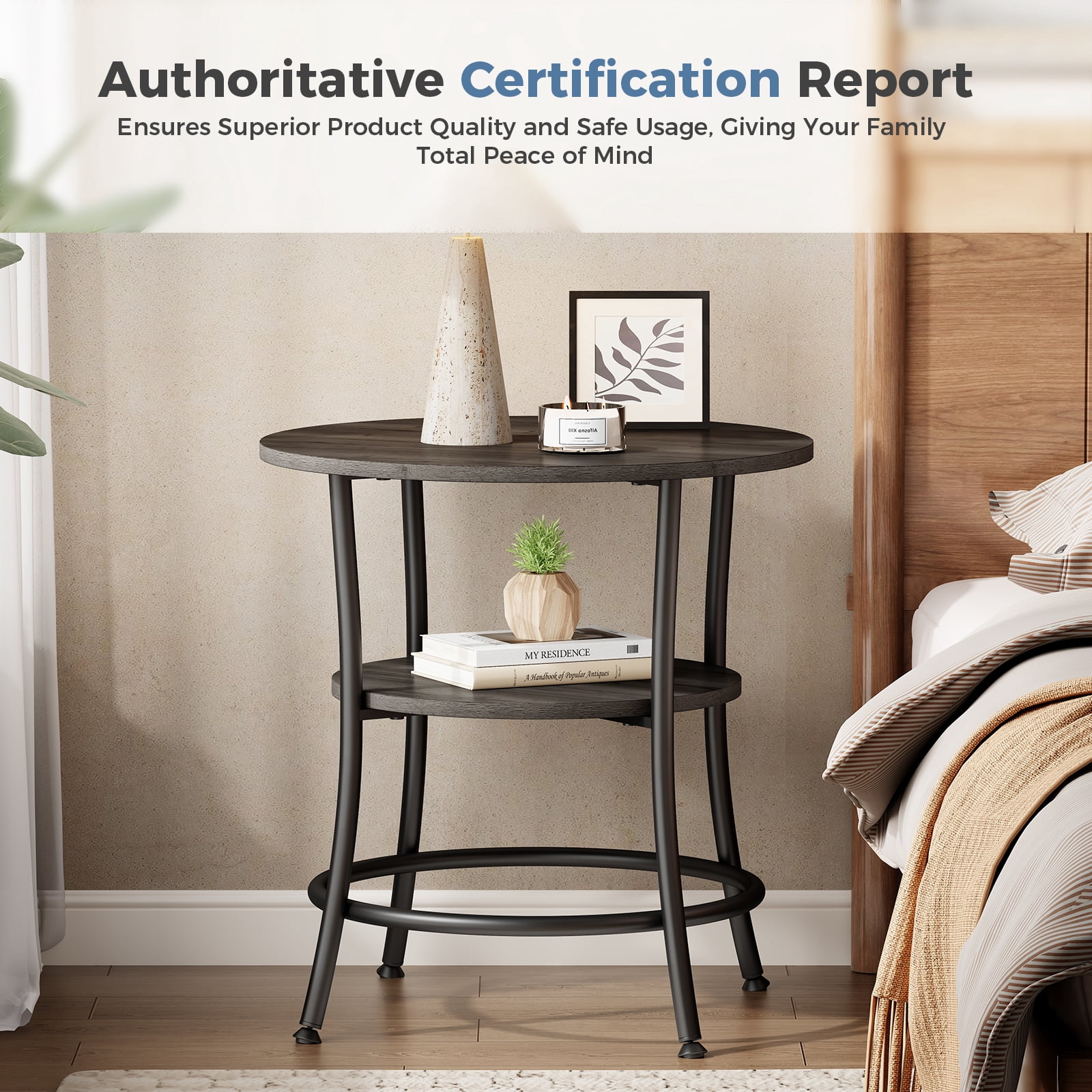 CONCETTA 2-Tier Small Round Side Table, Bedside Nightstand with Sturdy 70lbs Top Capacity, End Table for Living Room, Bed Room & Small Spaces,Gray