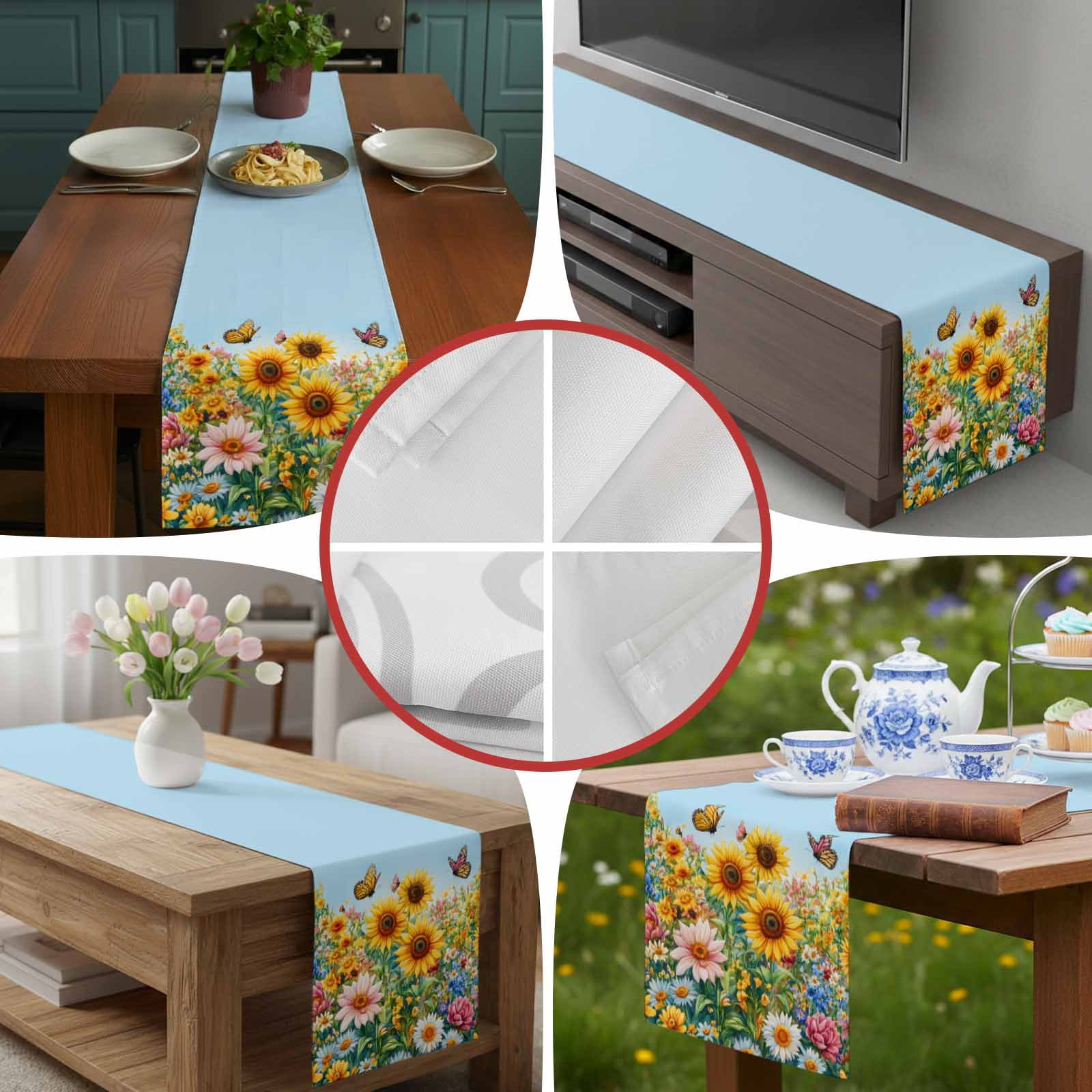 Watercolor Sunflower Butterfly Table Runner 90 Inches Long, Summer Garden Pastoral Plants Table Runners Tabletop Scarf Kitchen Dining Tables Decoration for Home Party Indoor Outdoor