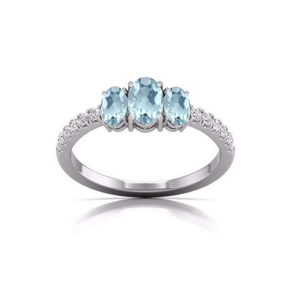 Three Stone Round and Oval Shape Natural Aquamarine Gemstone Ring in 14K White Gold (Size: 4.5)