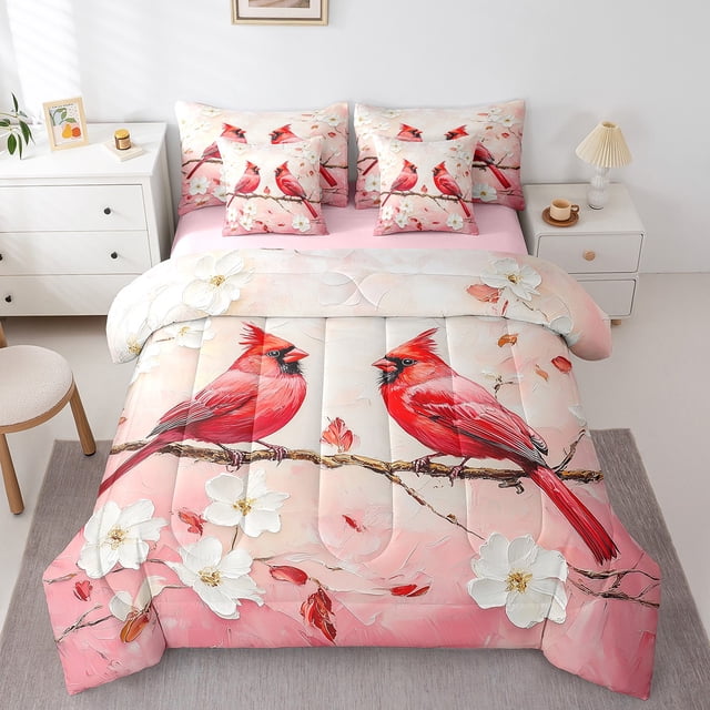 Erosebridal Cardinal Bird Bedding Queen Size,Red and Pink Bedding Sets Queen Size,Flower Room Decor,Reversible