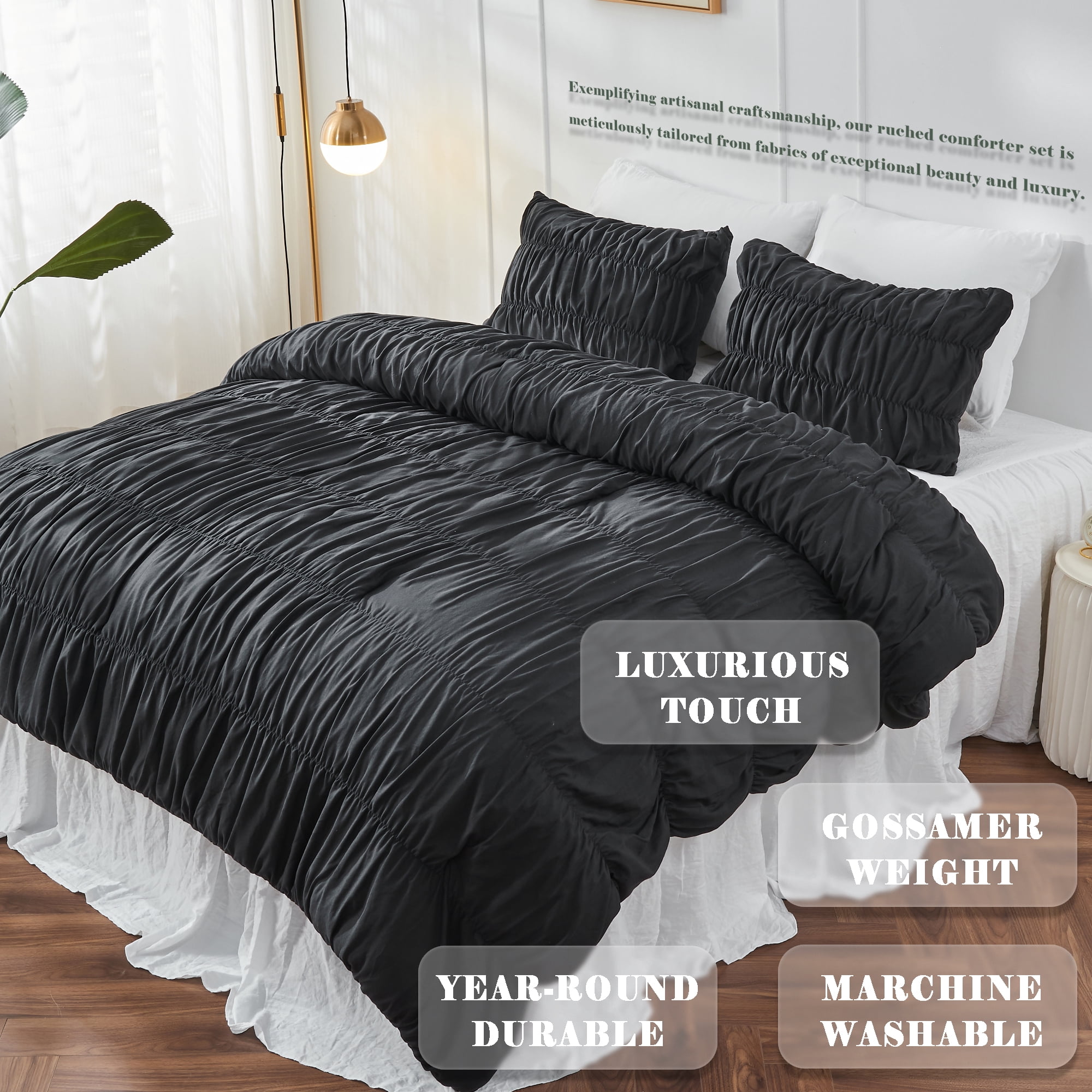 Bonlino Bedding Comforter Set Queen Bed - 3 Pieces Farmhouse Ruched Comforter Queen Size Bed Set Boho Shabby Chic Bedding for Bedroom, Fluffy Ruffle Comforter with 2 Pillow Shams (Black, Queen)