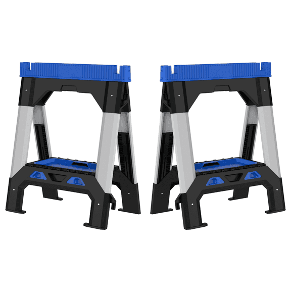 EHHLY Folding Heavy Duty Sawhorses 2 Pack, 2500 LBS Load Capacity Total, PP  Body with 4 Adjustable Telescopic Powder-Coated Steel Legs, Built-In Shelf and Cord Hooks, Foldable for Easy Storage