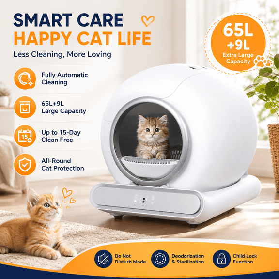 Automatic Self Cleaning Cat Litter Box with APP Control, 65L Large Capacity, Odor Control, Safety Sensors, Quiet Operation, Multi-Cat Design