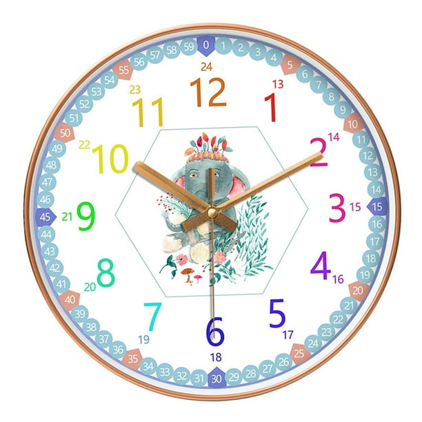 Reloj de pared de 12 pulgadas para enseñar la hora y que no hace tictac para niños. Forma de elefante
