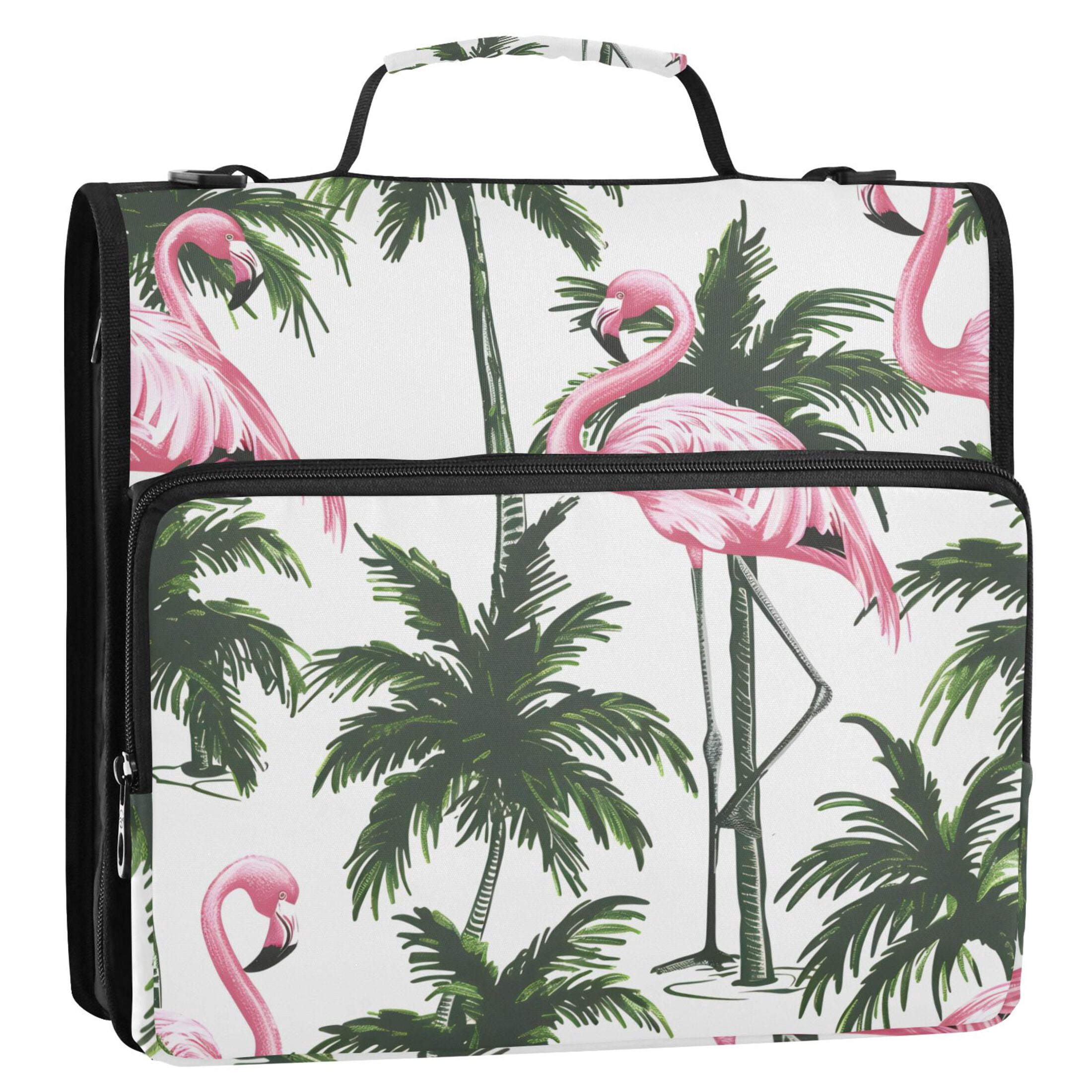 3 Ring Zipper Binder with Shoulder Strap Waterproof Trapper Keeper 2 Inch D-Ring 500 Sheets Capacity Flamingos and Palm Trees