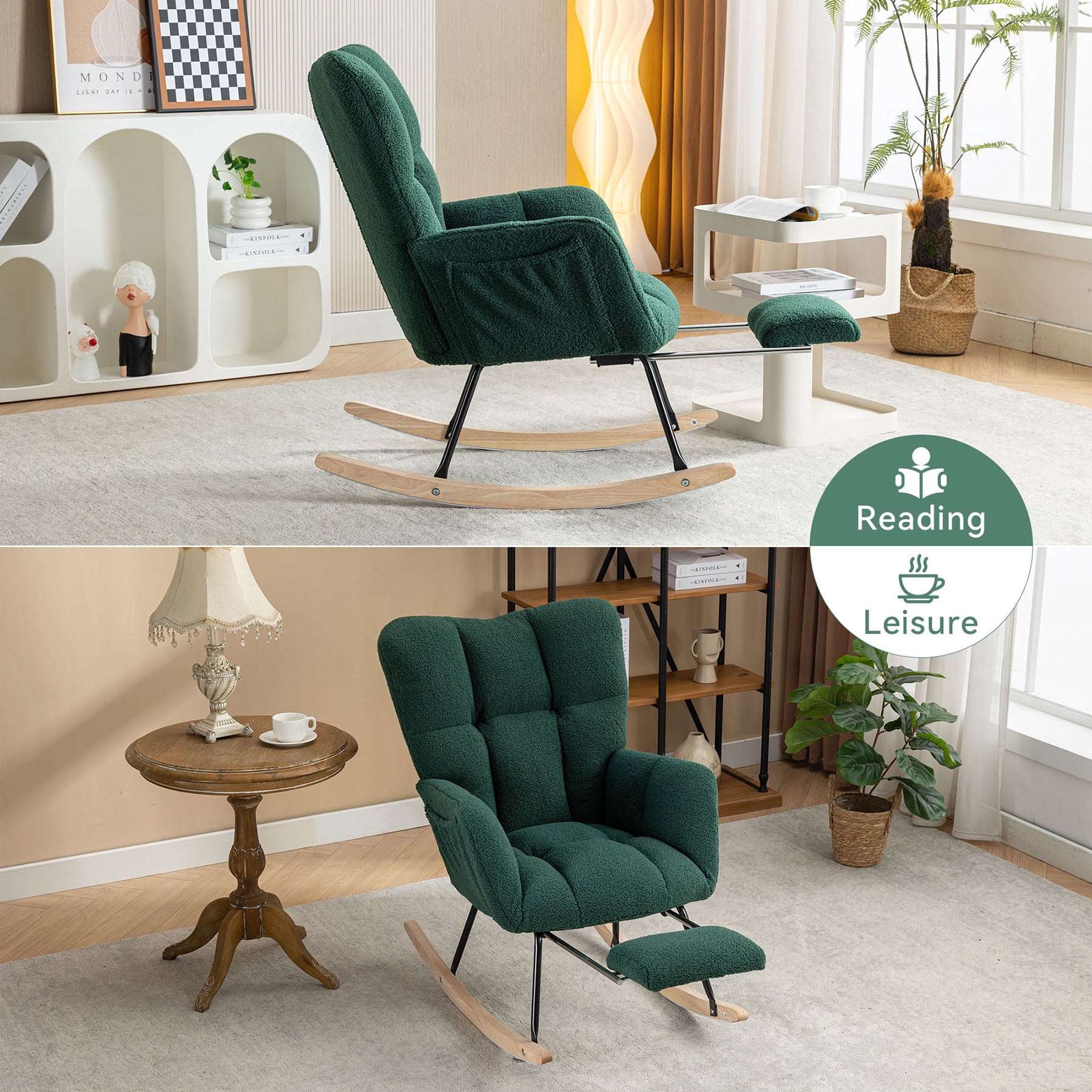 S-HOME Teddy Fabric Rocking Chair with Adjustable Footstool, High Backrest and Storage Pocket for Versatile Indoor Use, Green